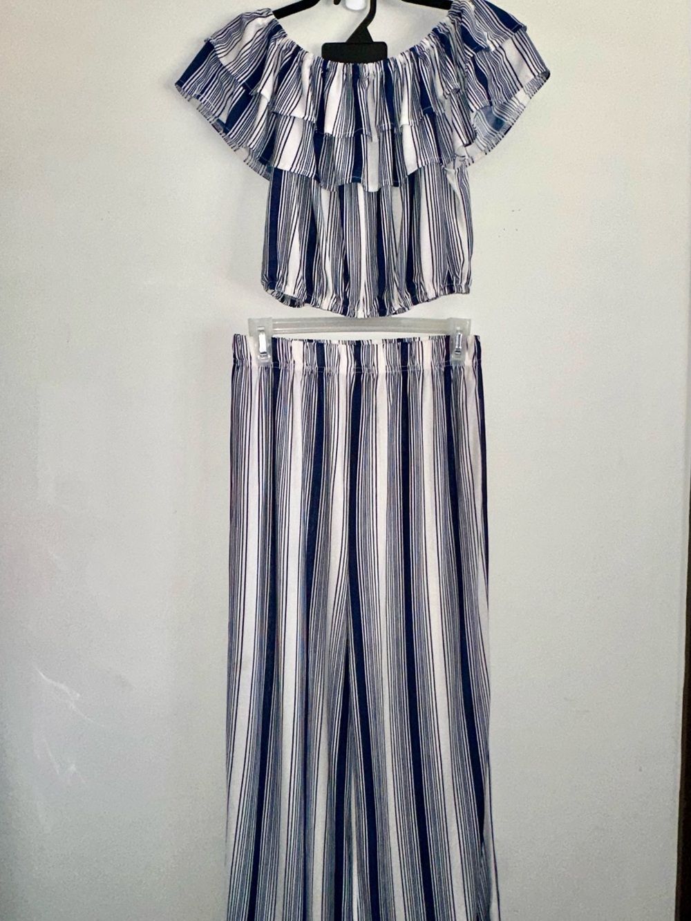 Striped Off-Shoulder Ruffled Top & Pants, 2-Piece Set - Navy & White, M